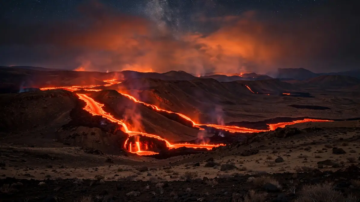 Volcanic lava glowing on dark desert hills under the night sky