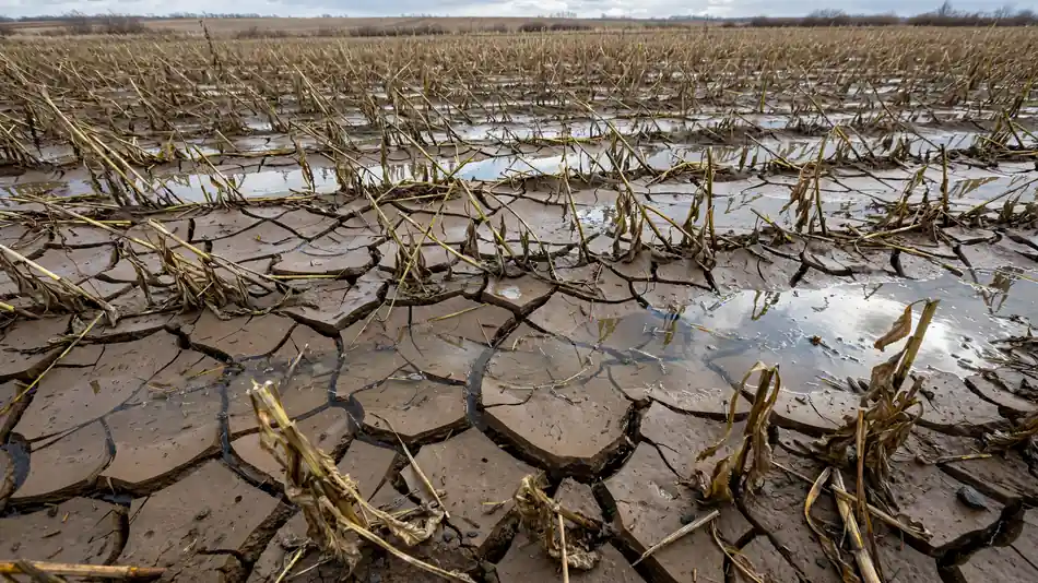 Cracked dry earth with rain puddles and wilted dead crops in a barren field