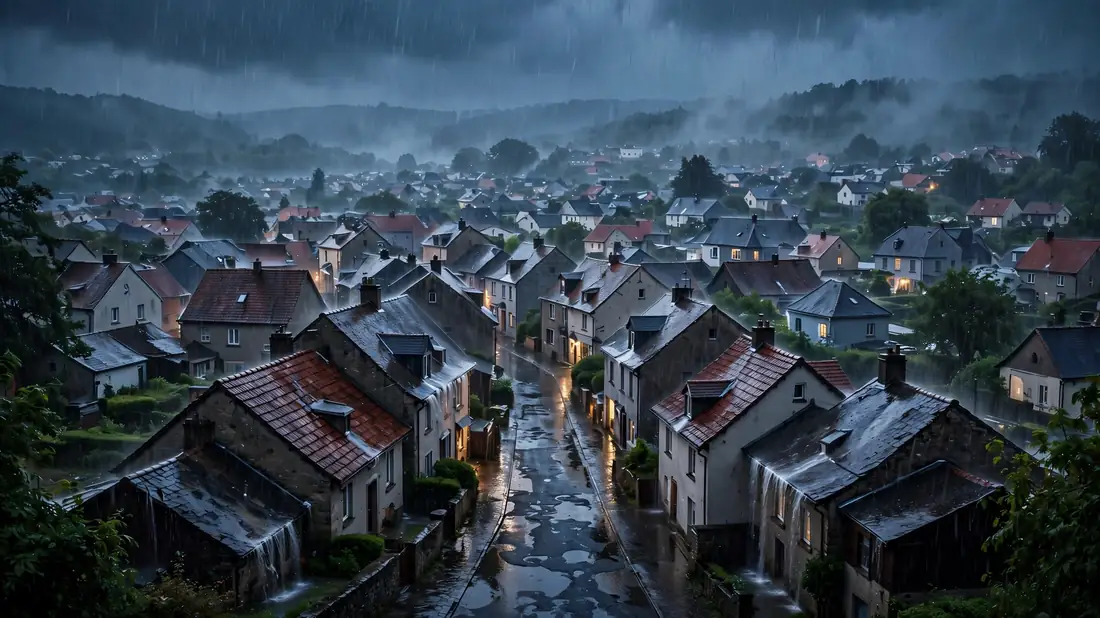 Heavy rain pouring over a town of houses and rooftops at dusk