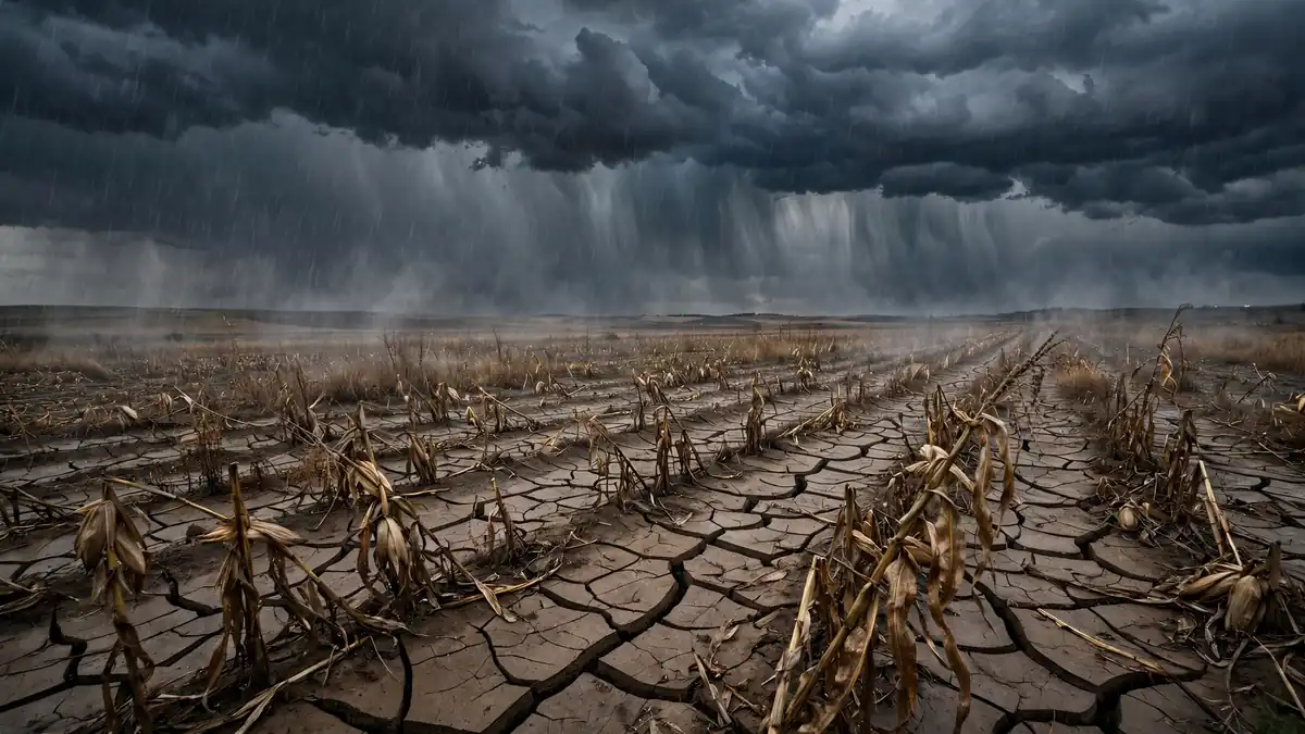Dark rain clouds releasing heavy rain over dry cracked farmland with dead crops