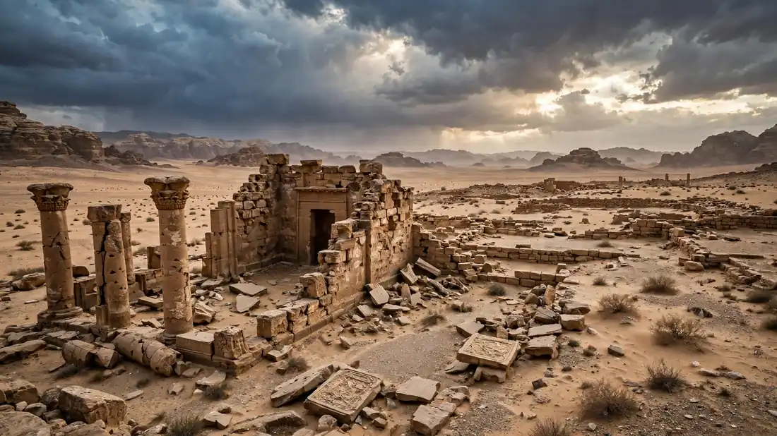 Ancient stone ruins of an old Arabian shrine in the desert
