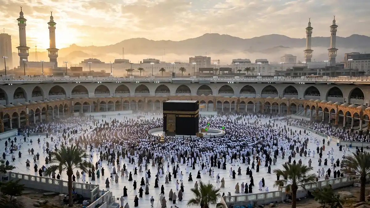 The Kaaba in Mecca surrounded by worshippers at dawn