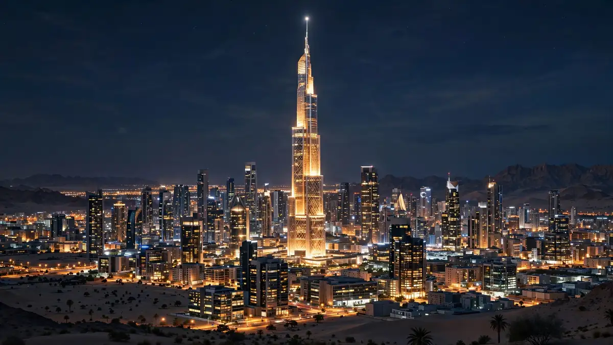Night panorama of a modern desert city skyline with a very tall glowing skyscraper