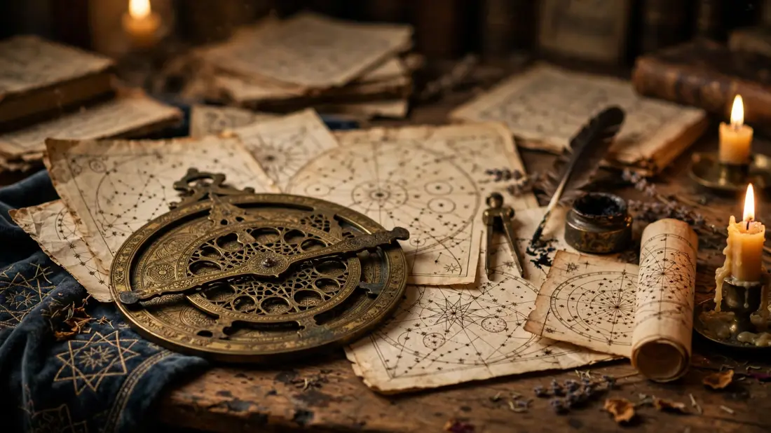 Antique astrolabe with old manuscripts on a wooden table