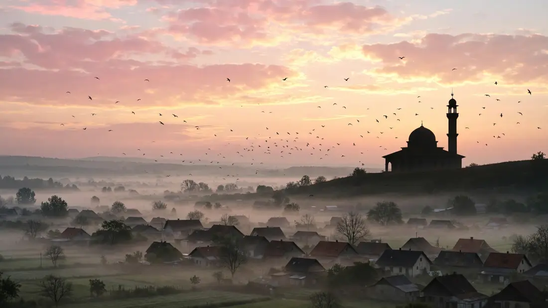 Mosque silhouette at dawn with birds in the sky