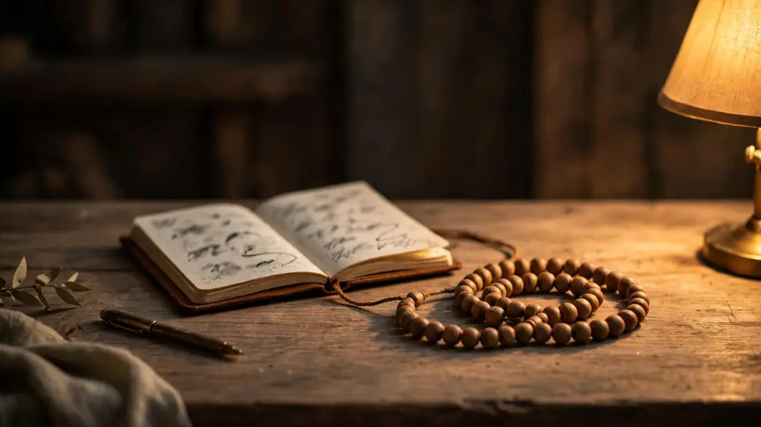 Prayer beads and a small notebook on a desk in warm light