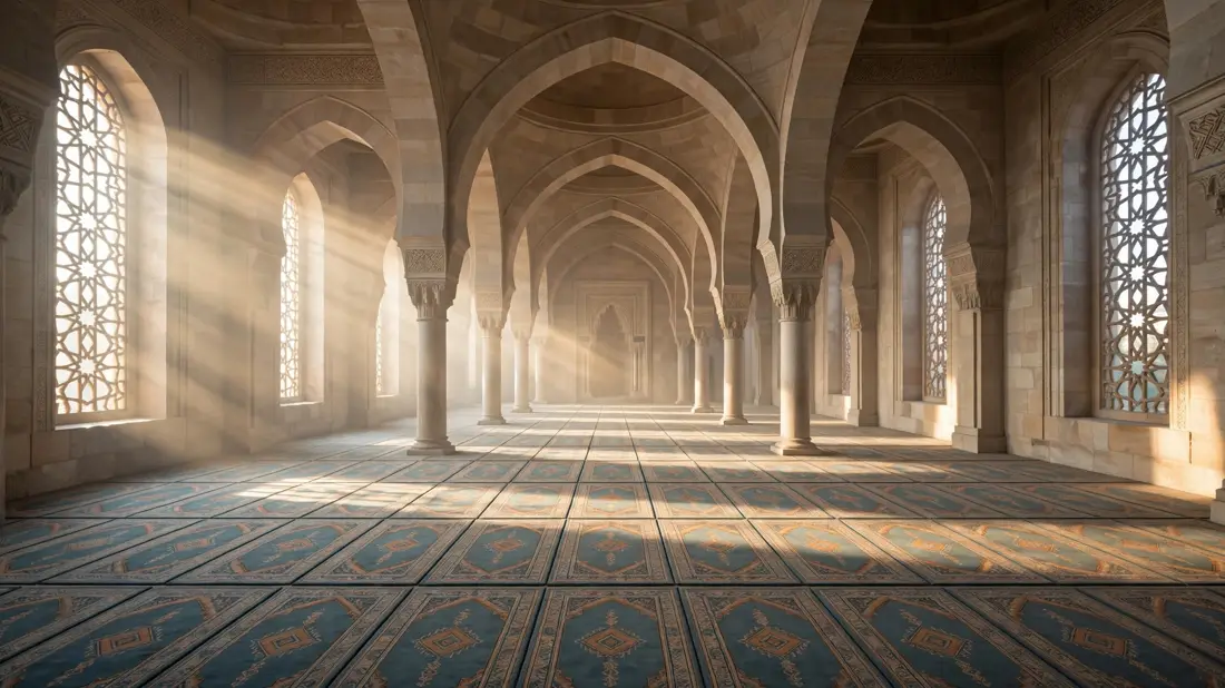 Empty mosque interior with arches and soft rays of light