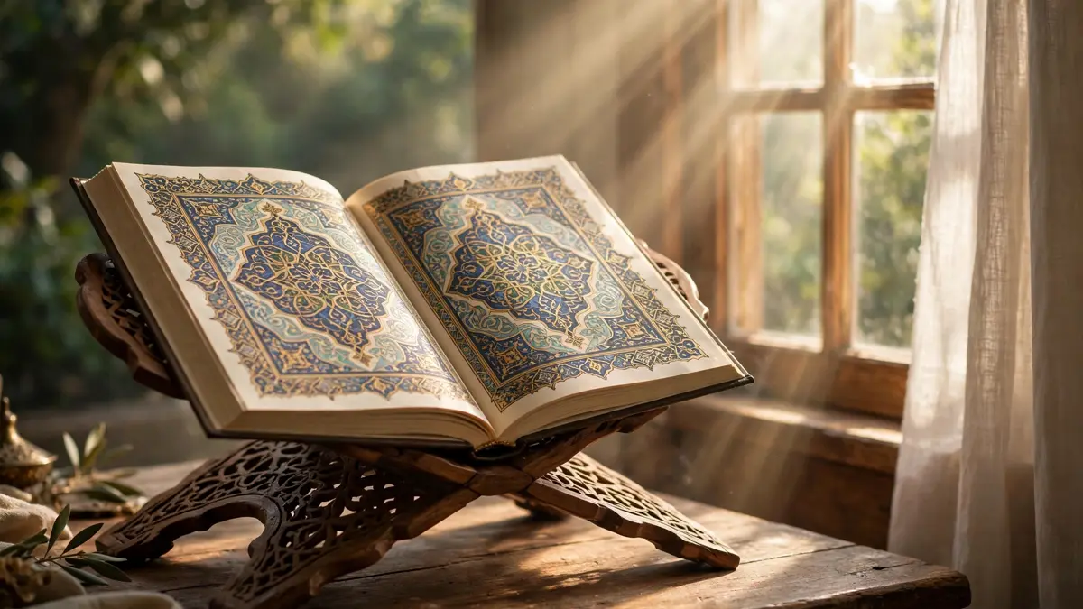 Open Quran on a wooden stand by a sunlit window