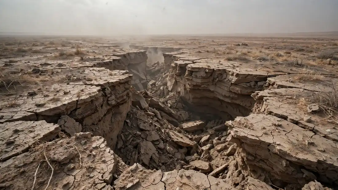 A vast crack opening in desert ground, the earth sinking inward as a major sign