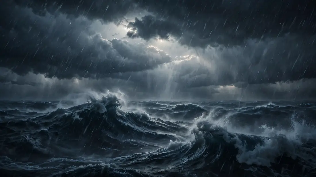 A violent storm over a dark ocean, winds strong enough to hurl men into the sea