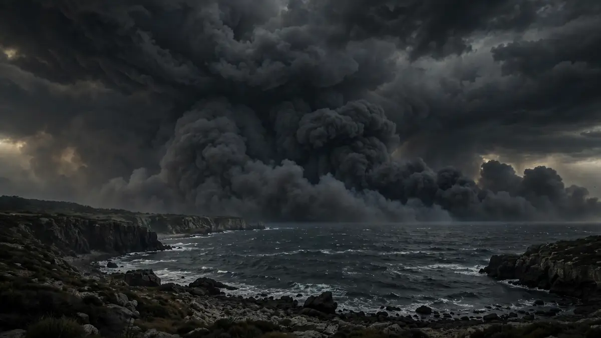 A thick dark smoke covering the entire sky over a coastline, the first of the ten major signs