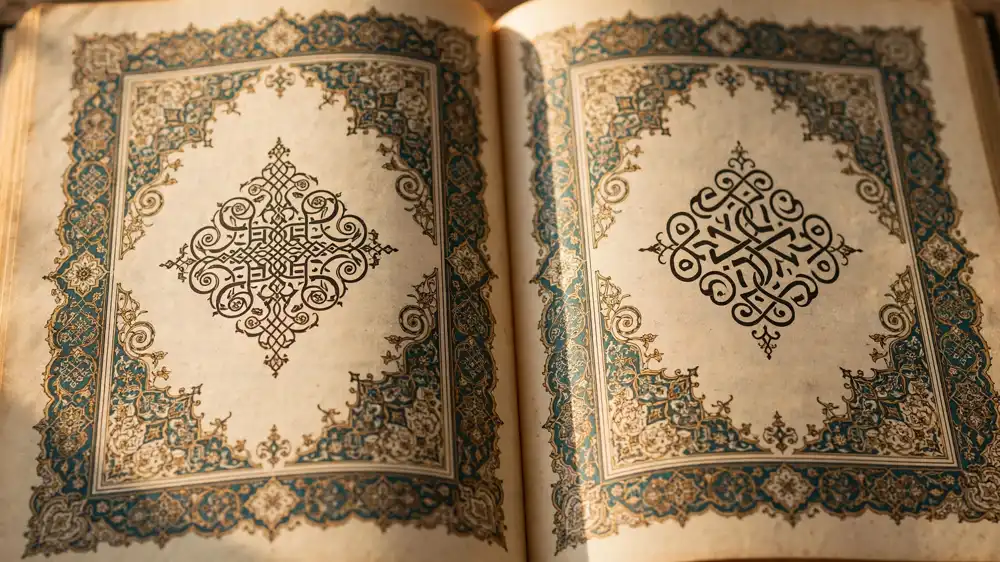 Open Quran with decorative page ornaments, no readable text