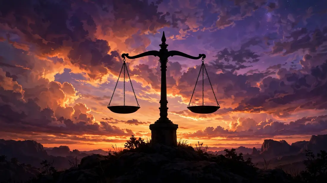 Balance scale silhouette against a dramatic dusk sky