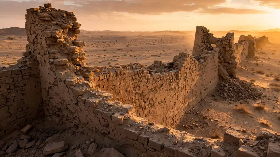 Ruined walls of an ancient desert city glowing at sunset