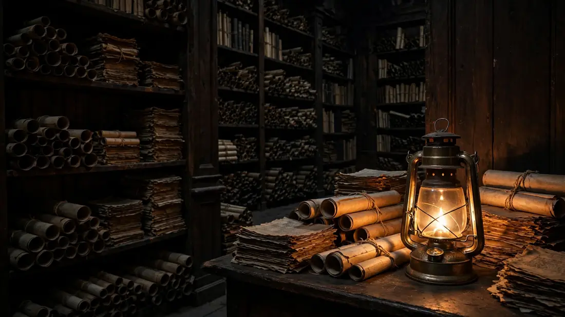 A single lit lantern in a dark library of ancient scrolls