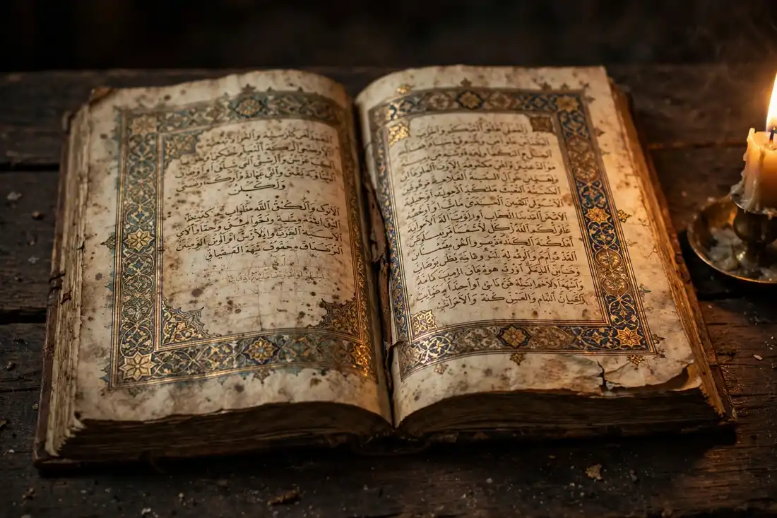 Ancient Arabic manuscript pages of a medieval book lying open on a dark wooden desk