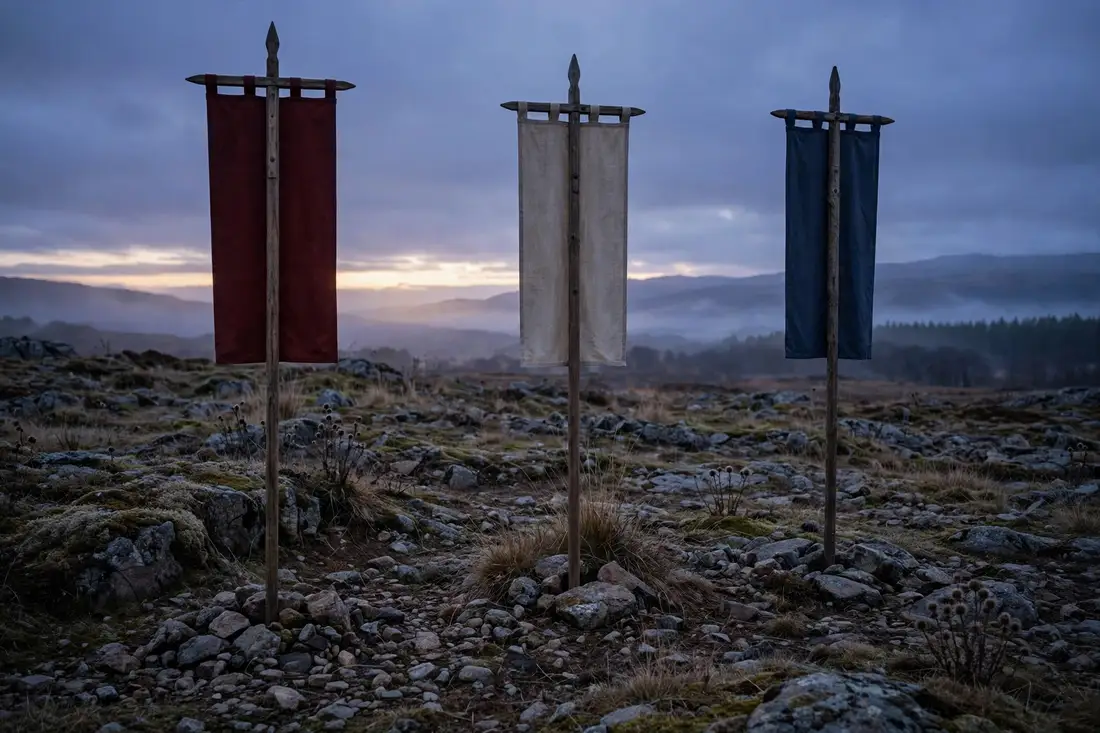 Three medieval battle standards planted on a rocky battlefield at dusk