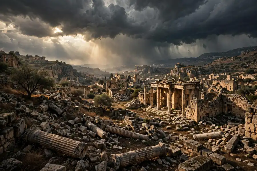 Ruined ancient stone city in the Levant beneath dark gathering storm clouds