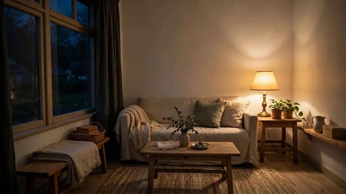 A quiet modest home interior at night, warm lamplight glowing softly on simple furnishings, calm and still