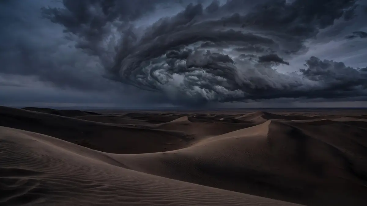 Ominous dark clouds swirling over empty desert dunes under a dim twilight sky