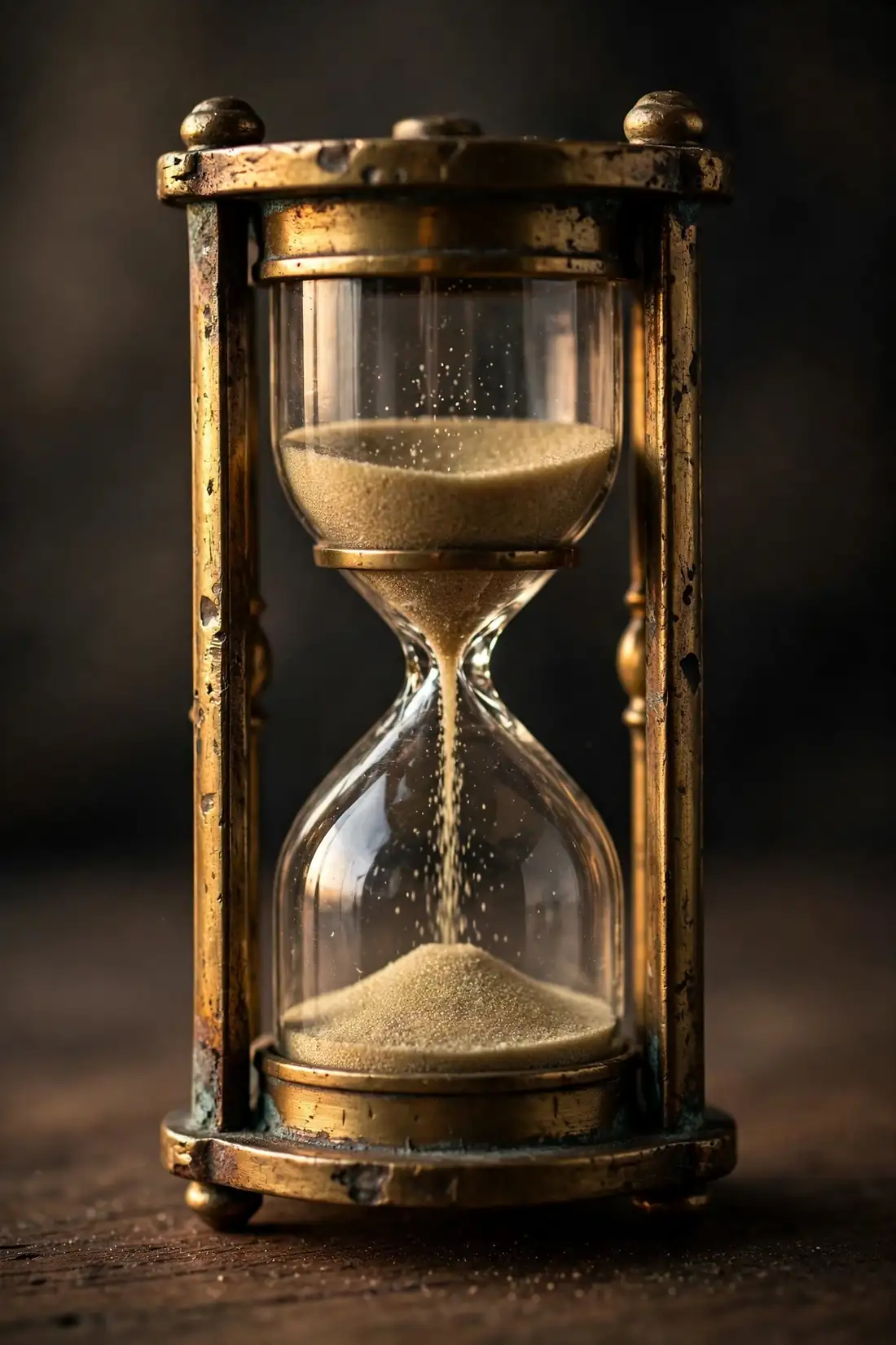 An antique brass hourglass with sand running, on a dark background