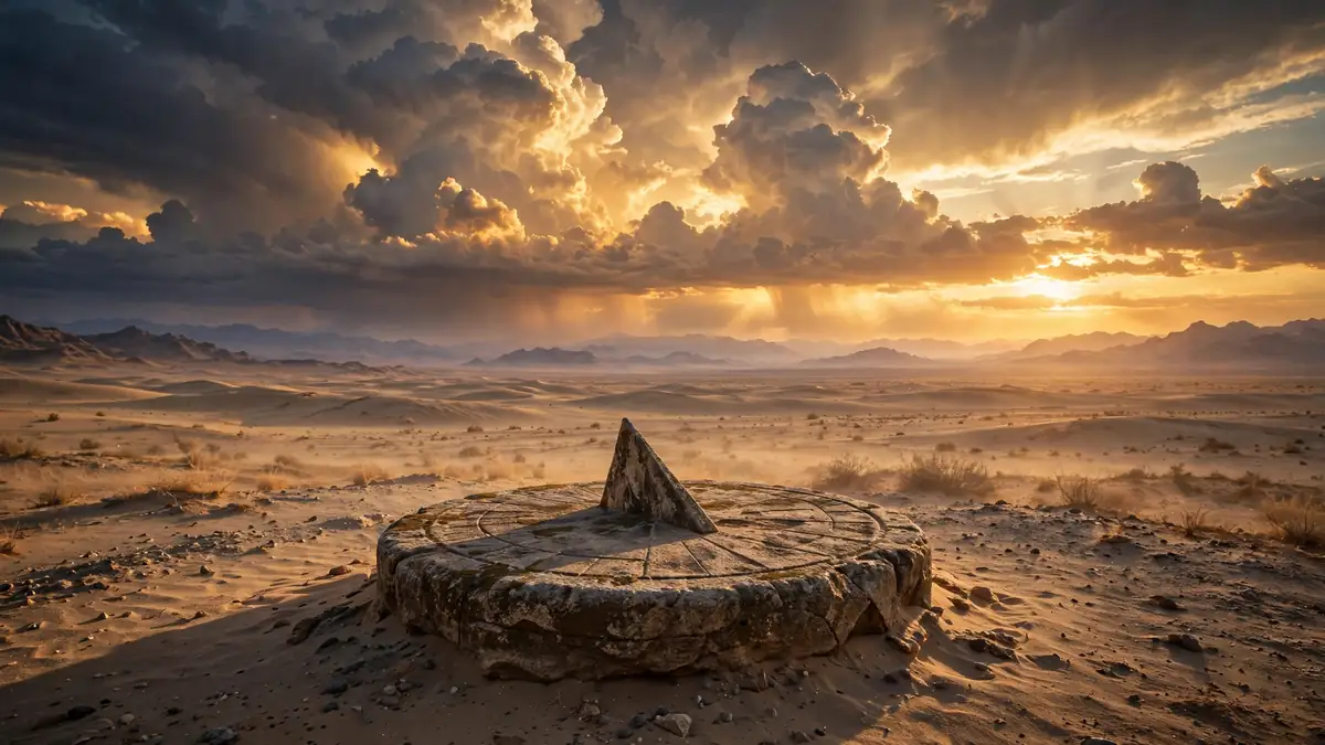An ancient stone sundial in a desert under a dramatic golden sky