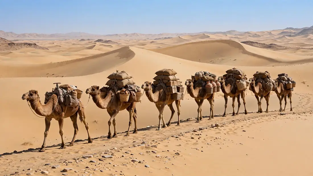 Camel caravan crossing desert dunes along an ancient trade route