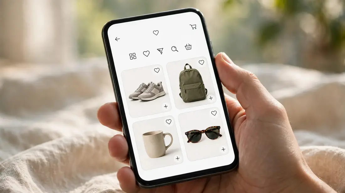 A hand holding a smartphone showing an online shopping page