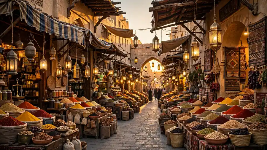 A traditional Middle Eastern souq with stalls and shoppers under morning light