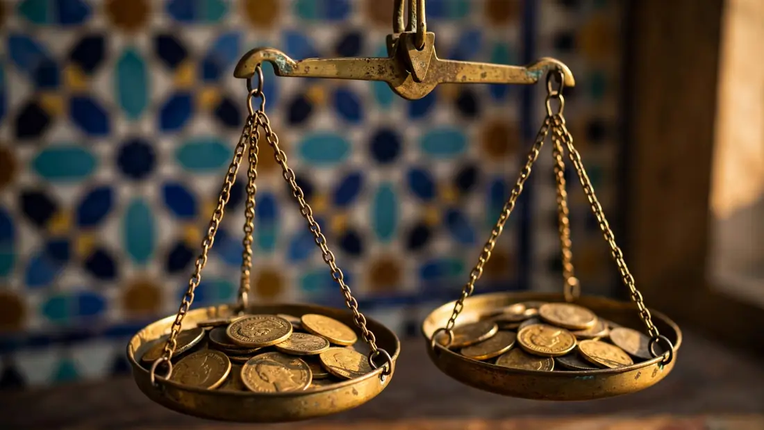 Ancient Middle Eastern market at golden hour with brass scales and gold coins