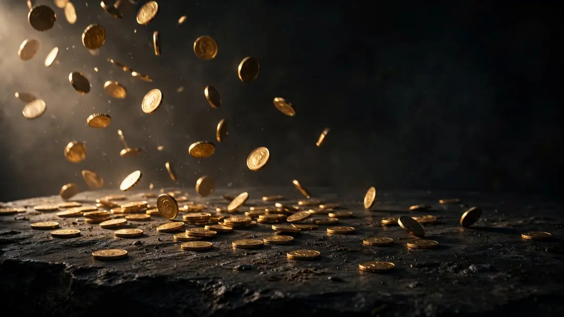 Gold coins scattering across a dark stone surface in dramatic light