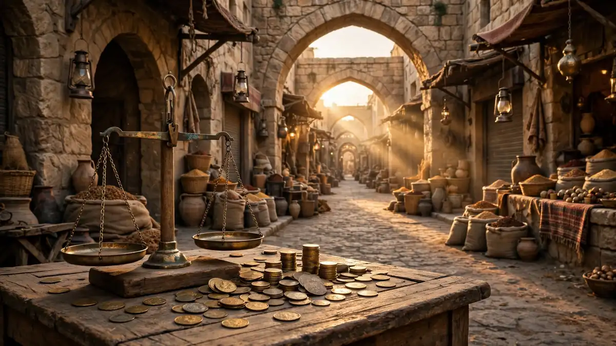 Ancient market street at golden hour with brass scales and gold coins