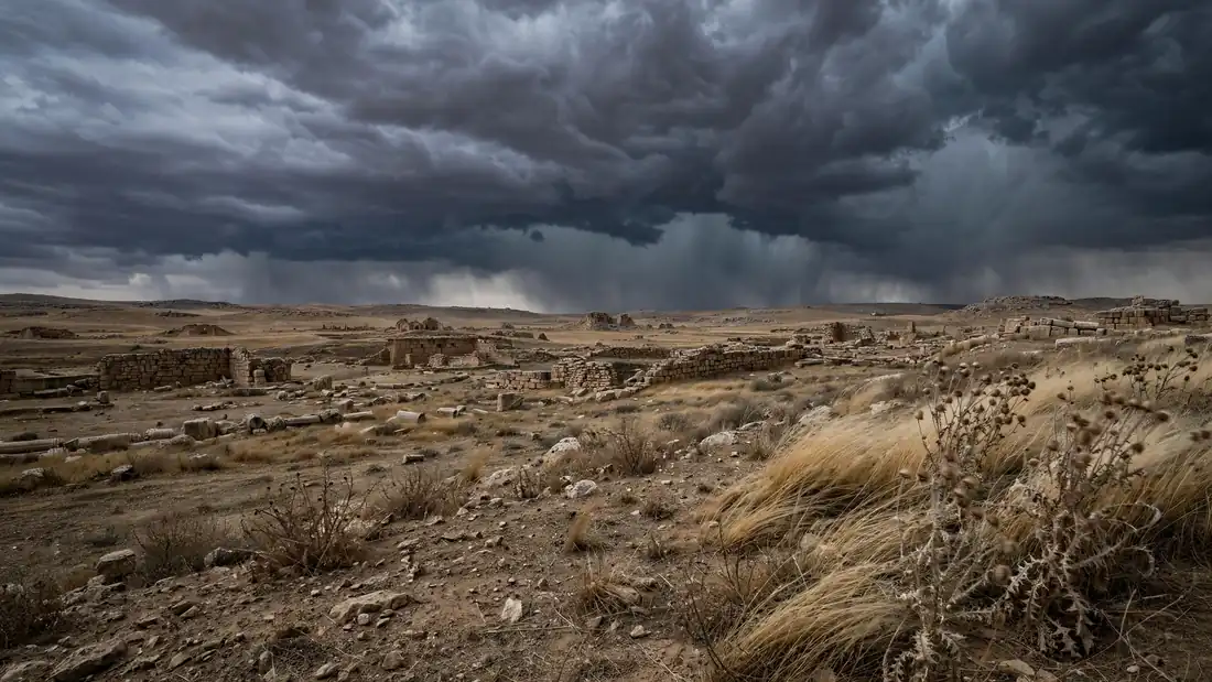 Dark storm clouds gathering over a windswept ancient plain in northern Syria