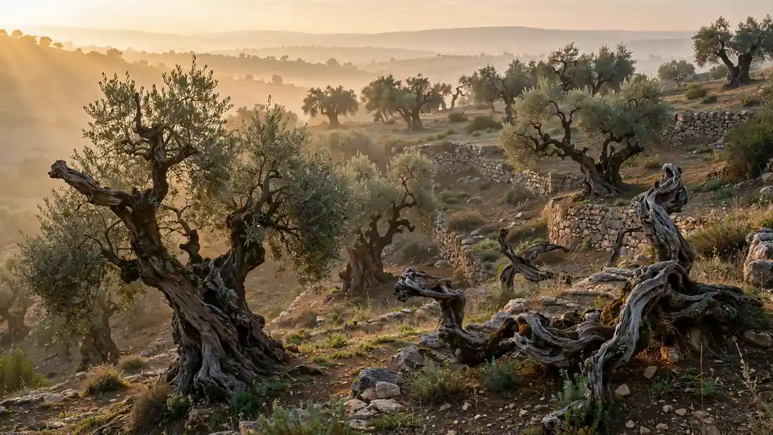 Ancient olive trees on a hillside near Damascus at dawn with soft golden morning light