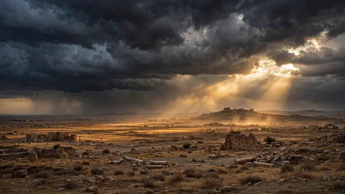 Dark storm clouds over a vast ancient battlefield plain in Syria at dusk, rays of light breaking through