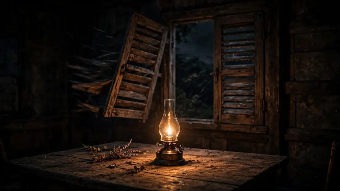 A single oil lamp burning steady in a dark room with a rattling window