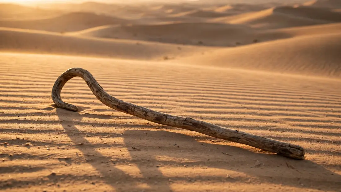 A carved wooden shepherd's staff lying on desert sand at golden hour, simple and ancient