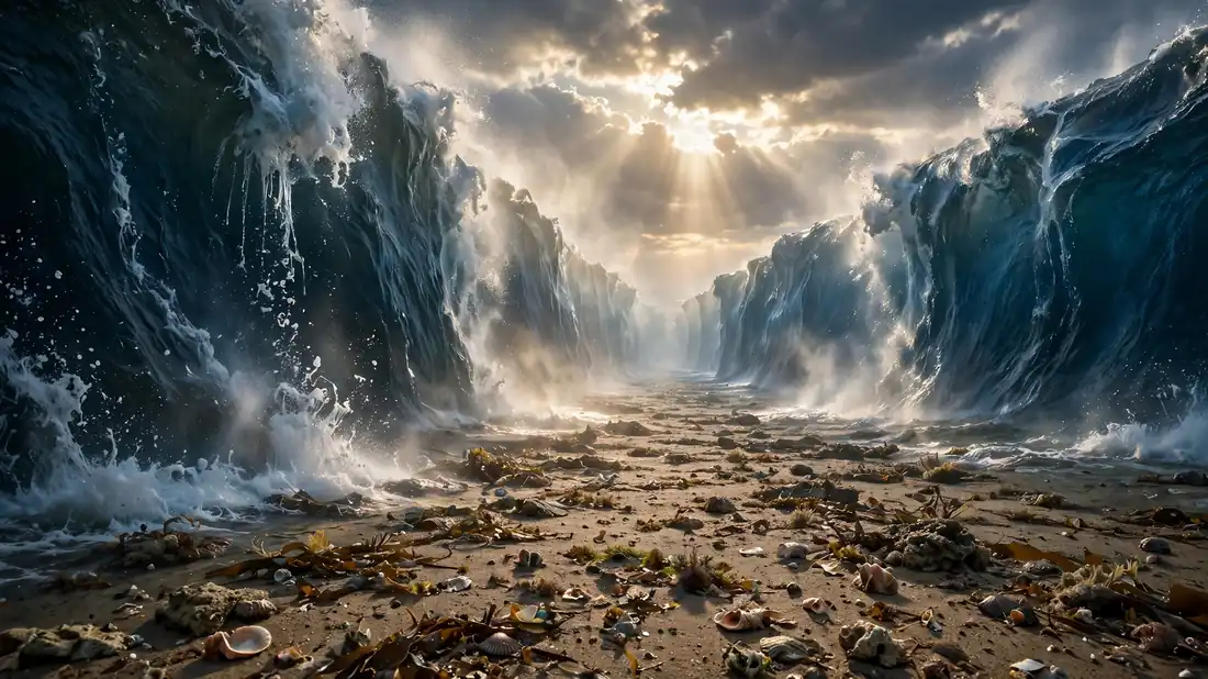 Two towering walls of ocean water parted down the middle, a dry path between them, no people