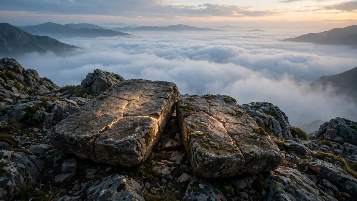 Ancient stone tablets glowing softly on a rocky mountaintop above the clouds at dawn