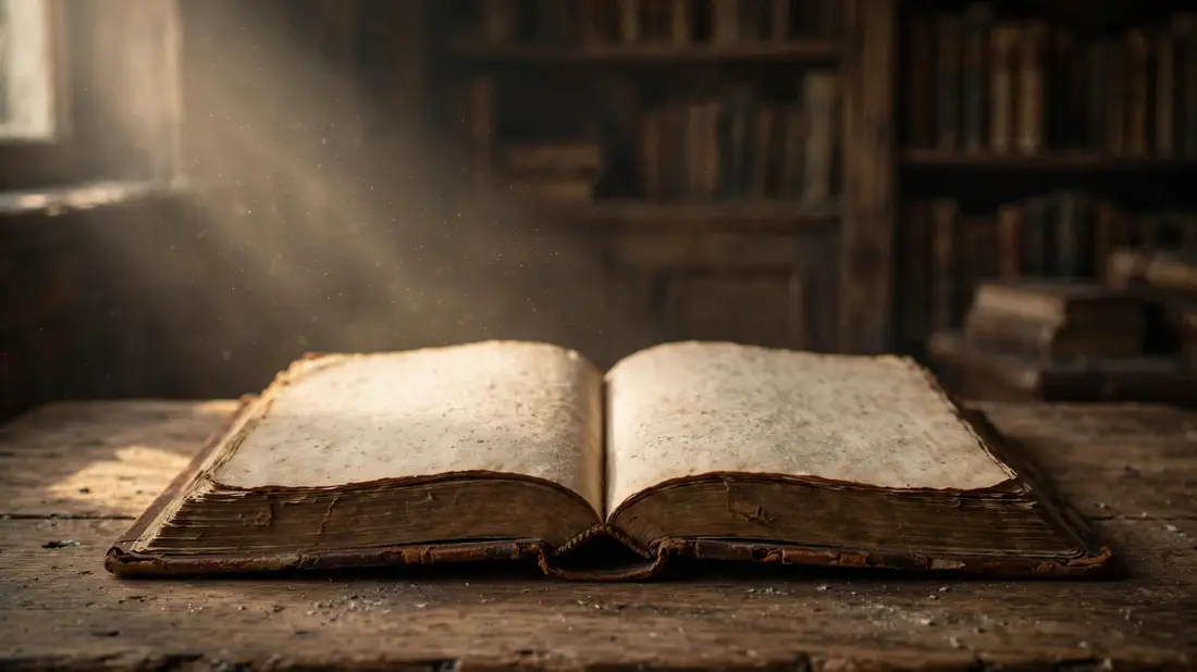 An ancient open book with blank pages lit by a single beam of light