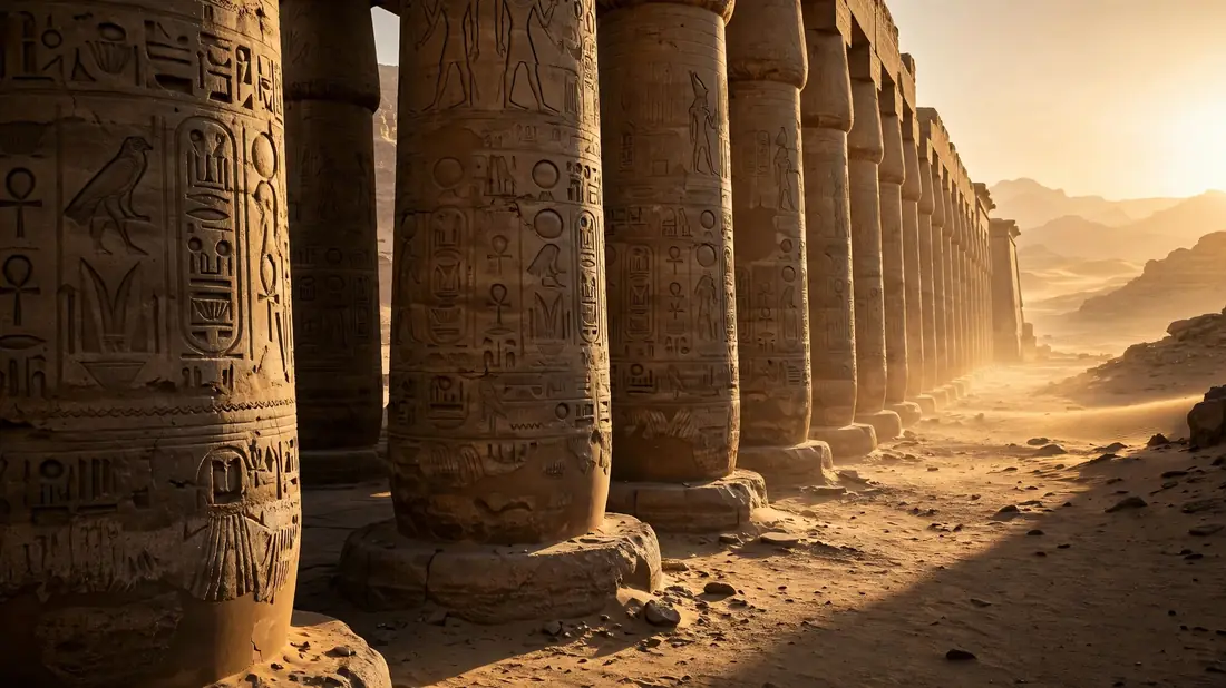 Ancient Egyptian temple columns with carved hieroglyphs at golden hour, monumental stone pillars