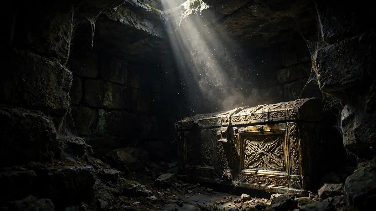 An ancient golden chest half-hidden in shadow inside a dark stone chamber, a single shaft of light falling across it